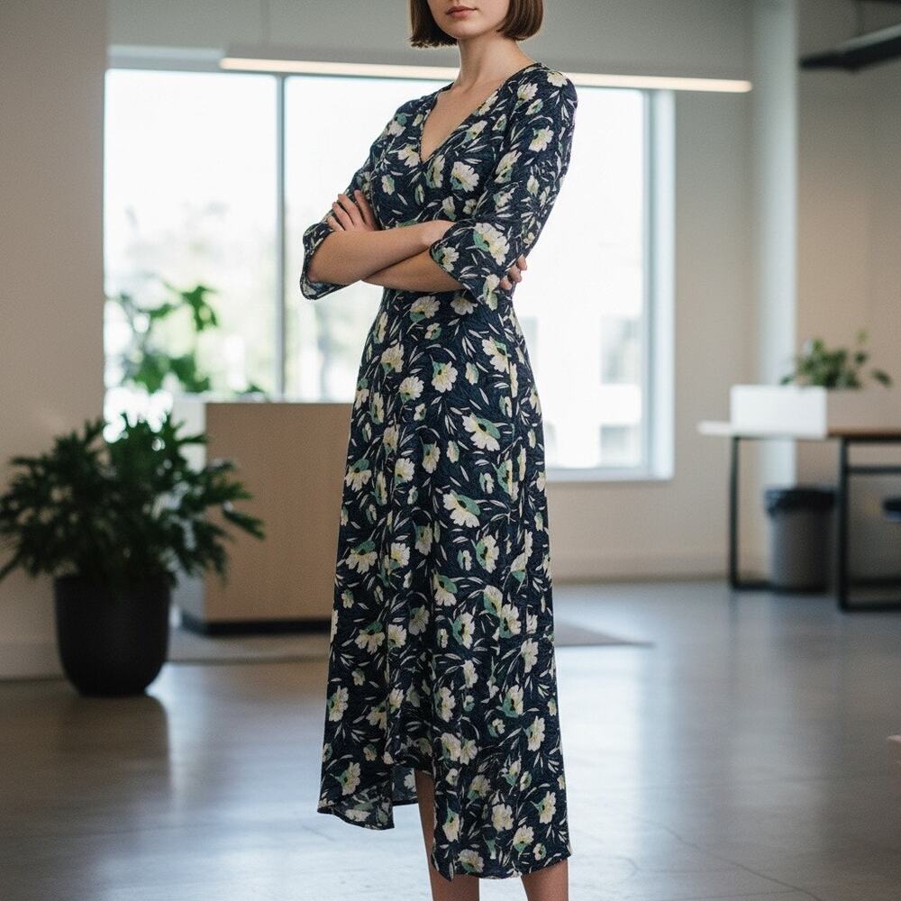 Slate & Willow Blue Floral Silk Midi Wrap Dress Size 2 Work Party Designer $379